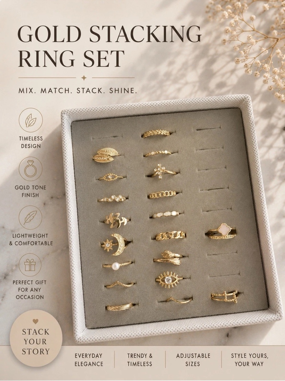Gold Stacking Ring Set – 20-Piece Women’s Stackable Rings